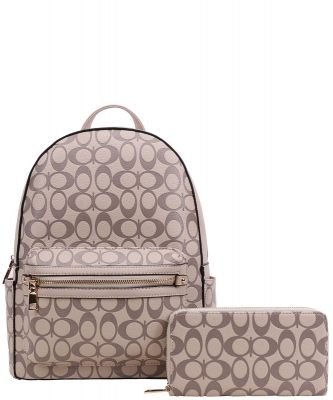 2In1 Oval Pattern Zipper Backpack with Wallet Set JY-8578W KHAKI